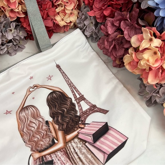 Two Girls Shopping in Paris Zippered Shoulder Tote Bag - Picture 6 of 16
